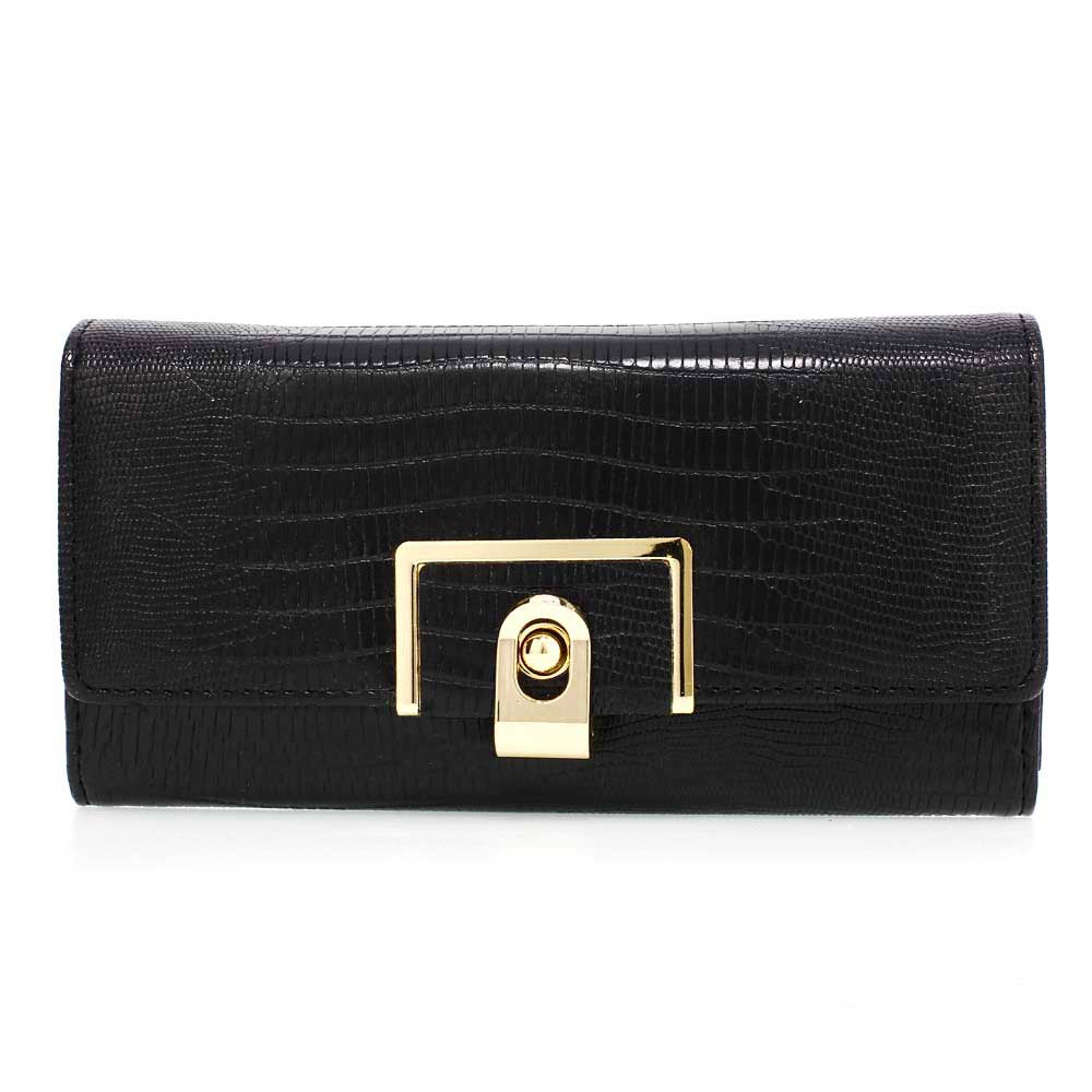 Black Flap Crocodile Purse with Gold Metal Work