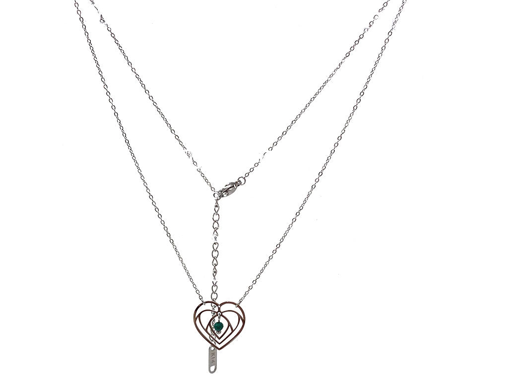 Triple Heart Necklace with Green Bead in Silver Tone 1