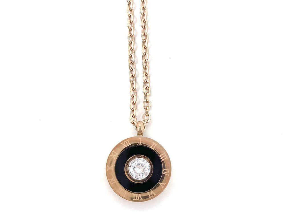 Rose Gold Plated Cubic Zirconia Pendant Necklace with Roman Numerical symbols