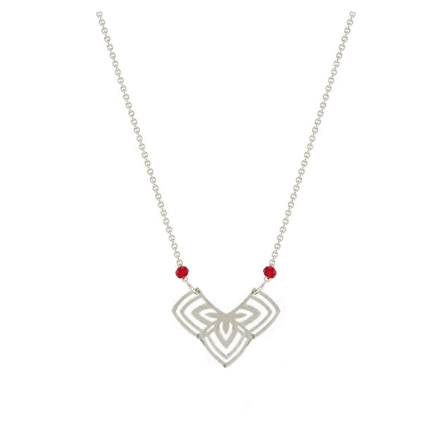 Geometric Floral Pendant Necklace with Beads in Silver Tone