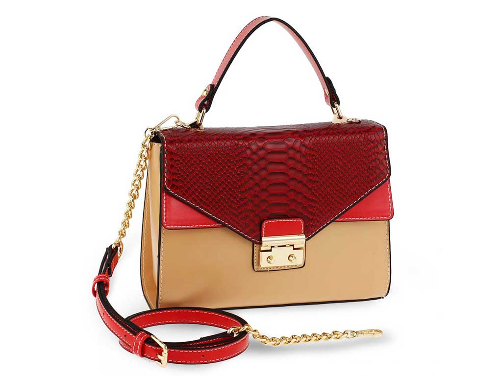 Snakeskin Flap Open Shoulder Bag in Red-Brown