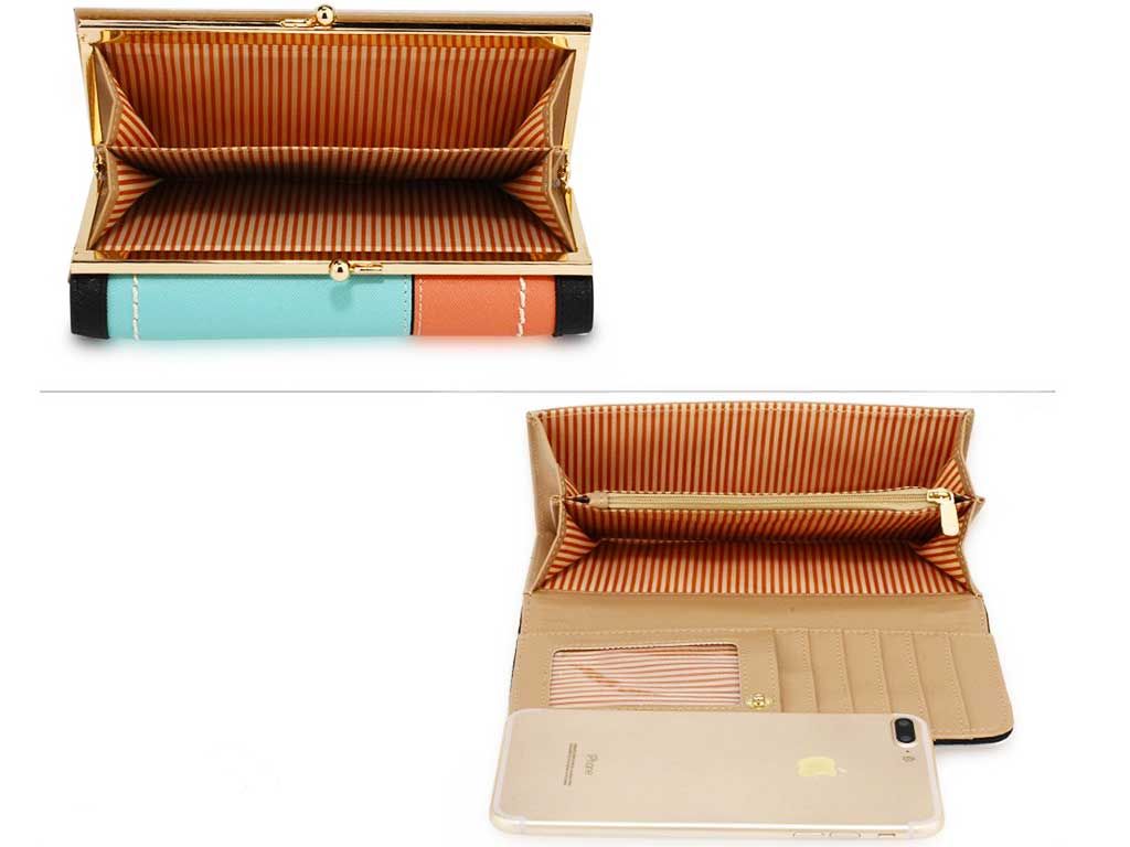 Patchwork Purse with Gold Kiss Opening Metal in Green & Orange 2