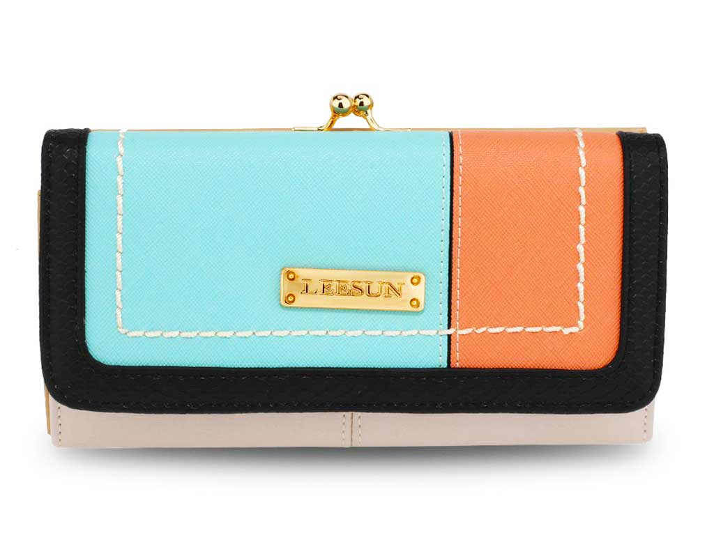 Patchwork Purse with Gold Kiss Opening Metal in Green & Orange 1