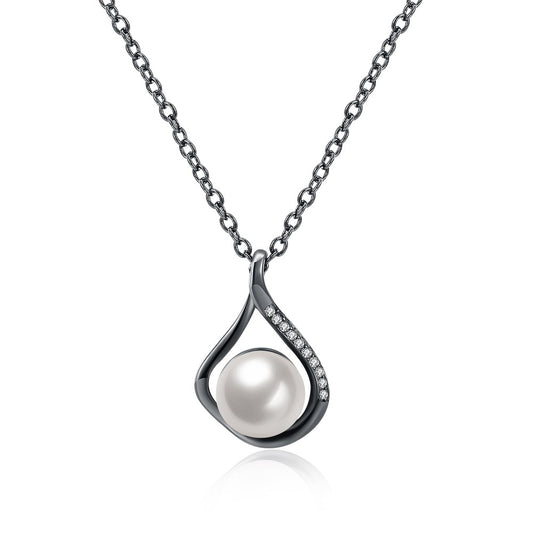 White Pearl Pendant Necklace with Rhinestones