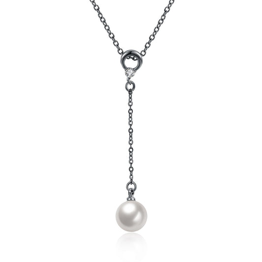 White Pearl Necklace in Y Shape with Cubic Zirconia Crystal in Black Brass
