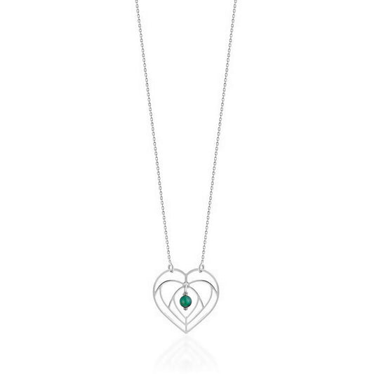 Triple Heart Necklace with Green Bead in Silver Tone