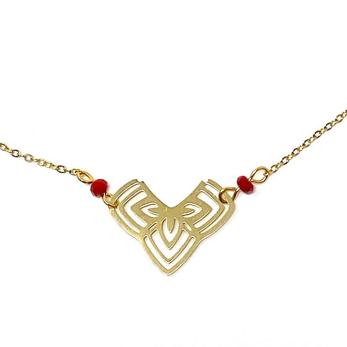 Geometric Floral Pendant Necklace with Beads in Gold