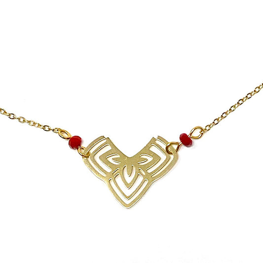 Geometric Floral Pendant Necklace with Beads in Gold