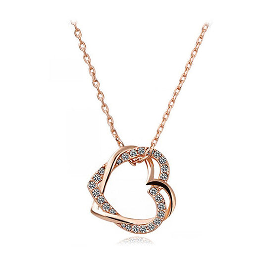 Twin Heart Pendant Necklace in Rose Gold Tone with Austria Crystals